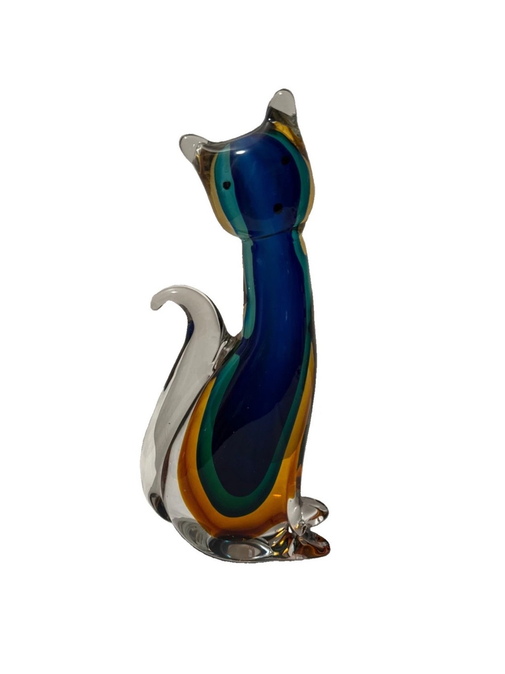 Murano Blue, Green & Amber Glass Cat Figurine Cristelleria 12”